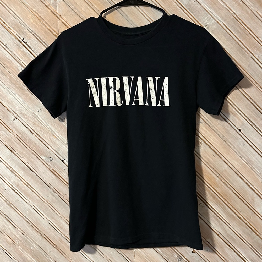 NIRVANA Black Band Logo Neon Floral Smiley Face Design Band Tee Shirt